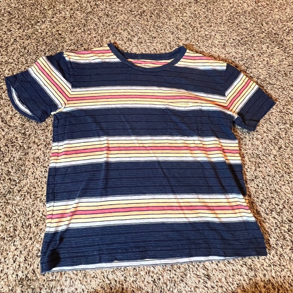 American Eagle Womens XS Striped Pocket Tee Navy Blue Pink Yellow Short Sleeve